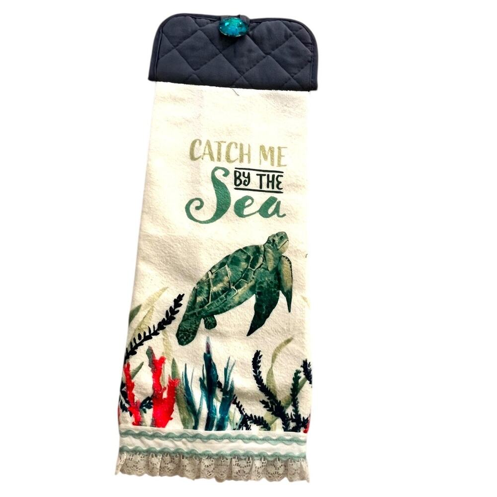 18 x 7 Handmade Catch Me By the Sea Hanging Hand Towel Turtle Blue